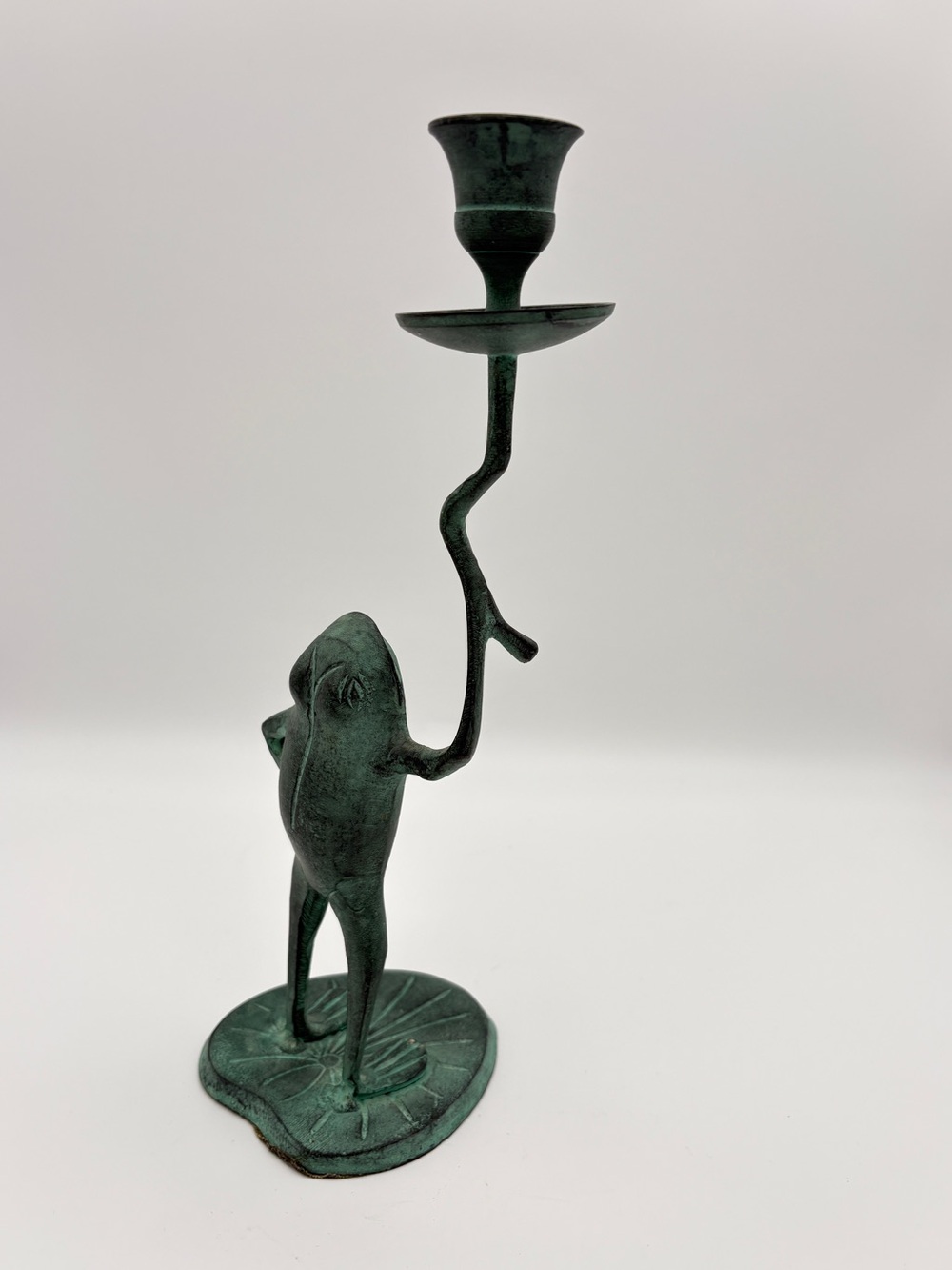 Verdigris Finish Metal Frog Lily Pad Taper Candlestick Holder 10.75” India